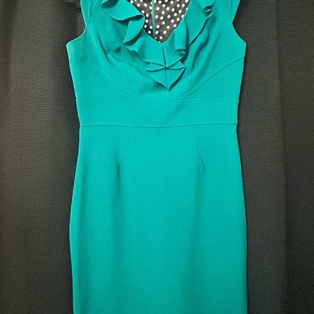 Sandra Darren Teal Ruffle Sheath Dress Size 10 Sleeveless Career